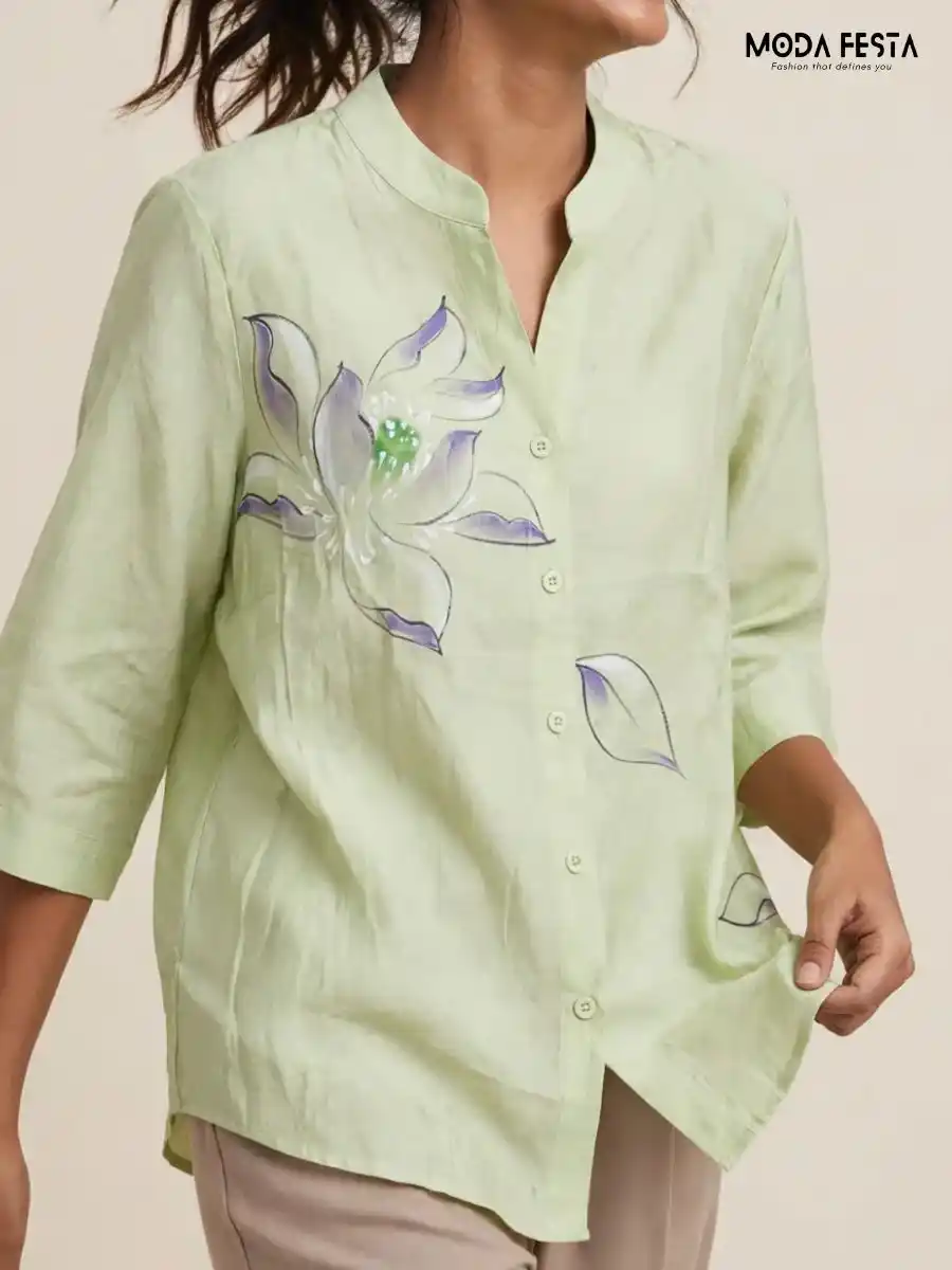 ModaFesta -sage-green-hand-painted-floral-casual-shirt