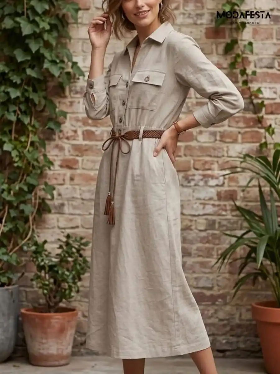 ModaFesta -elegant-linen-cotton-dress-with-belt-beige