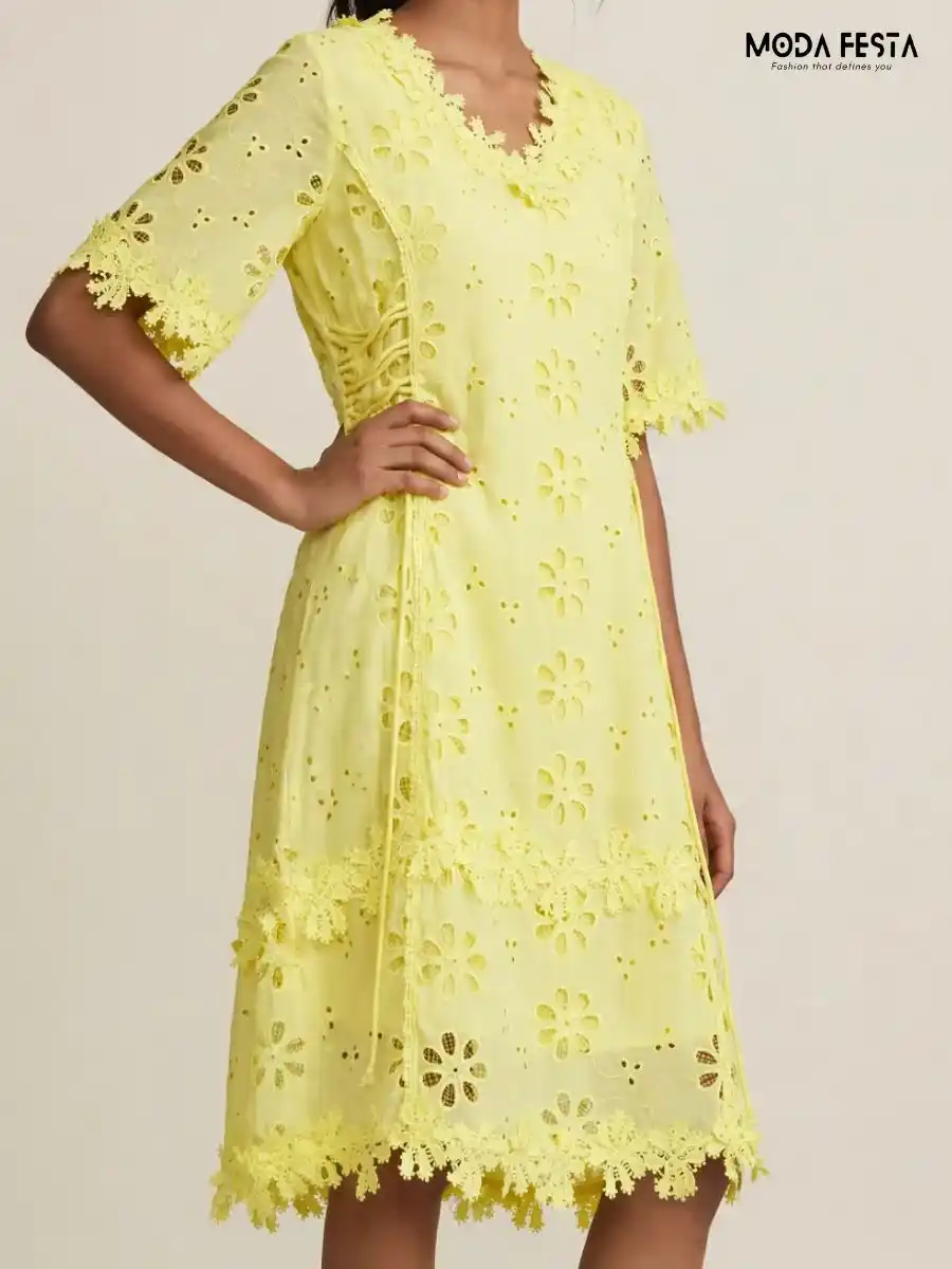 ModaFesta -yellow-laser-cut-eyelet-dress