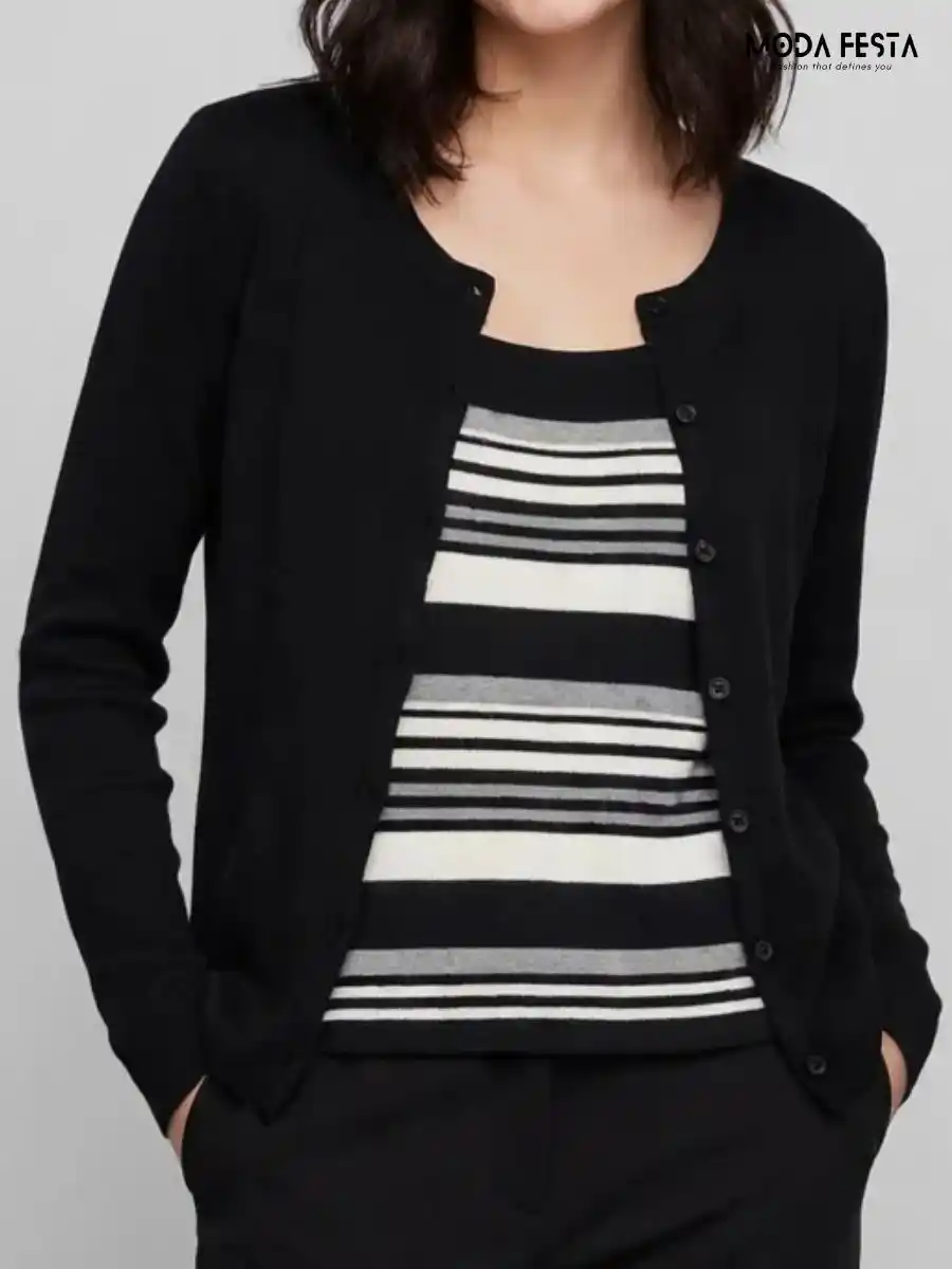 ModaFesta -black-cardigan-monochrome-striped-inner-top-coord-set