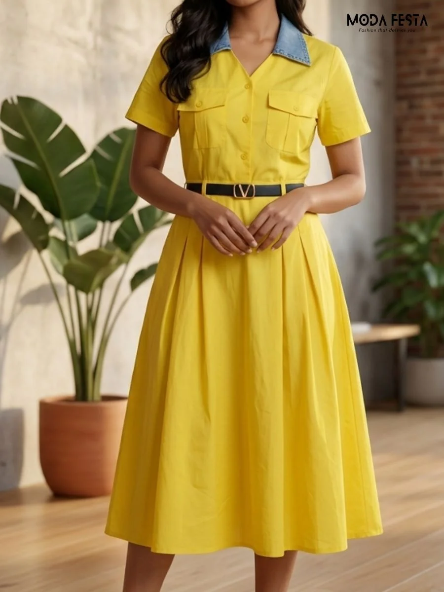 yellow button-down shirt dress with a denim collar