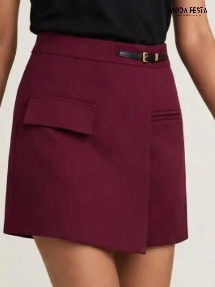 ModaFesta -maroon-faux-suede-belted-skort-with-pocket-detail