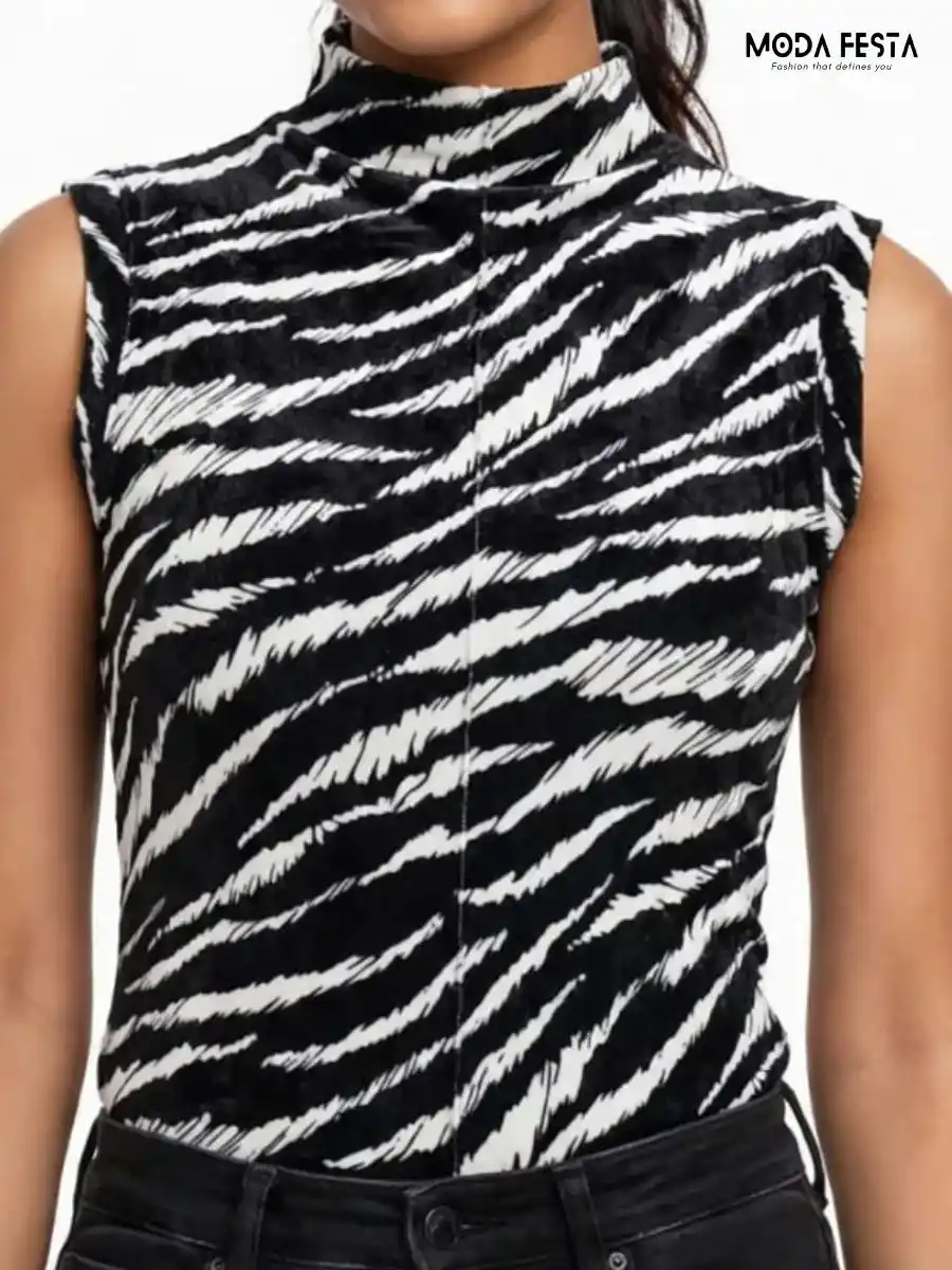 ModaFesta -black-and-white-zebra-print-mesh-mock-neck-top