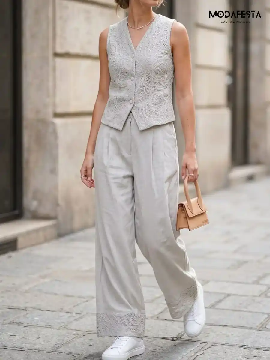 Elegant-Lace Trimmed Linen Coord Set