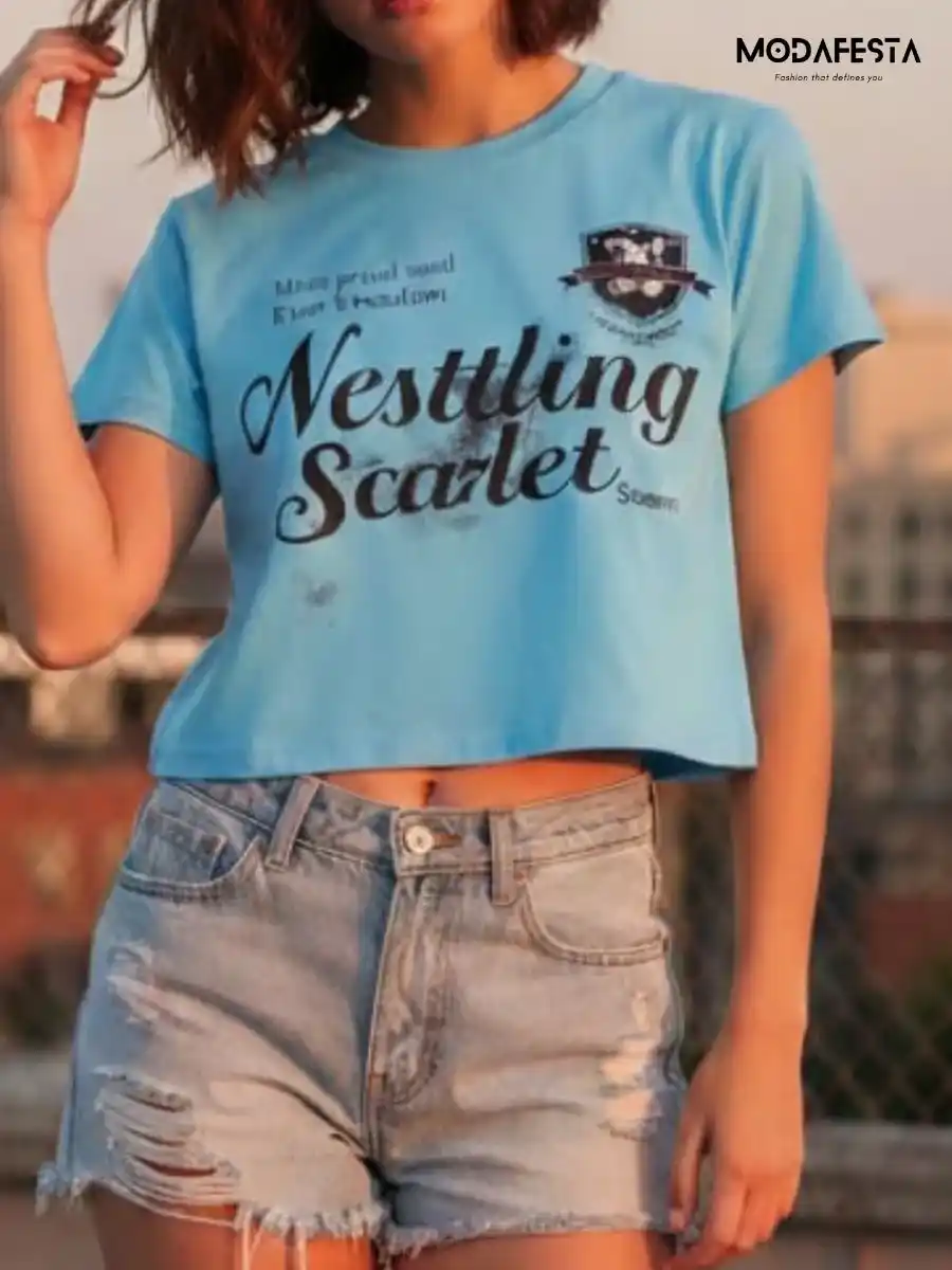 ModaFesta -elegant-lettering-print-crop-t-shirt-sky-blue