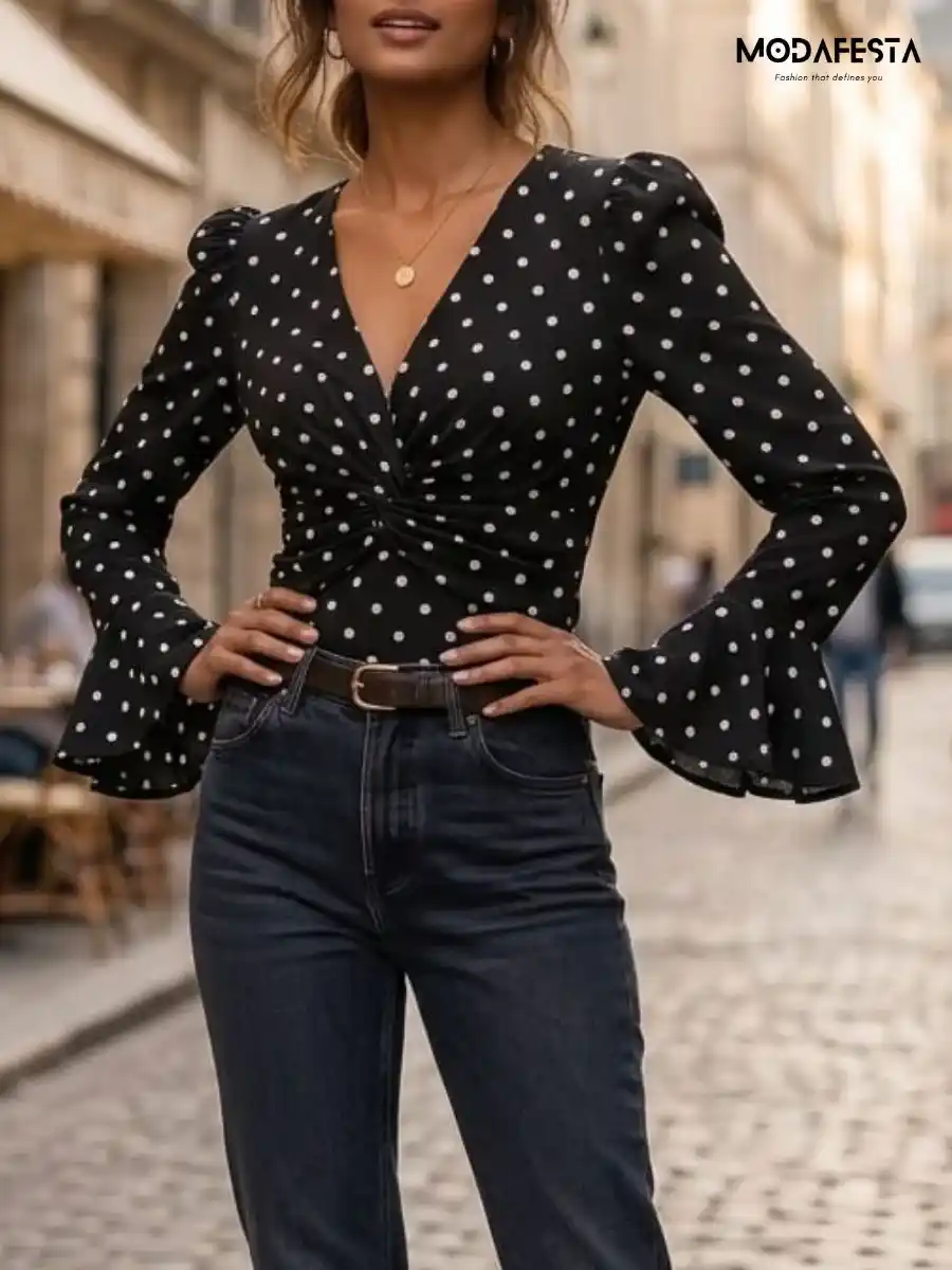 ModaFesta -stylish-v-neck-polka-dot-top-black
