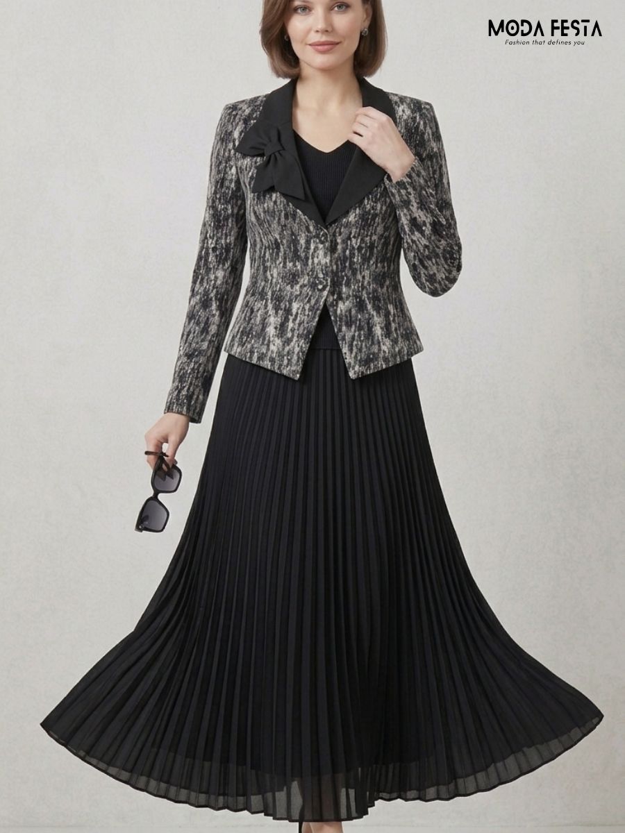 ModaFesta -vivienne-bow-detai-textured-blazer-pleated-midi-dress-set