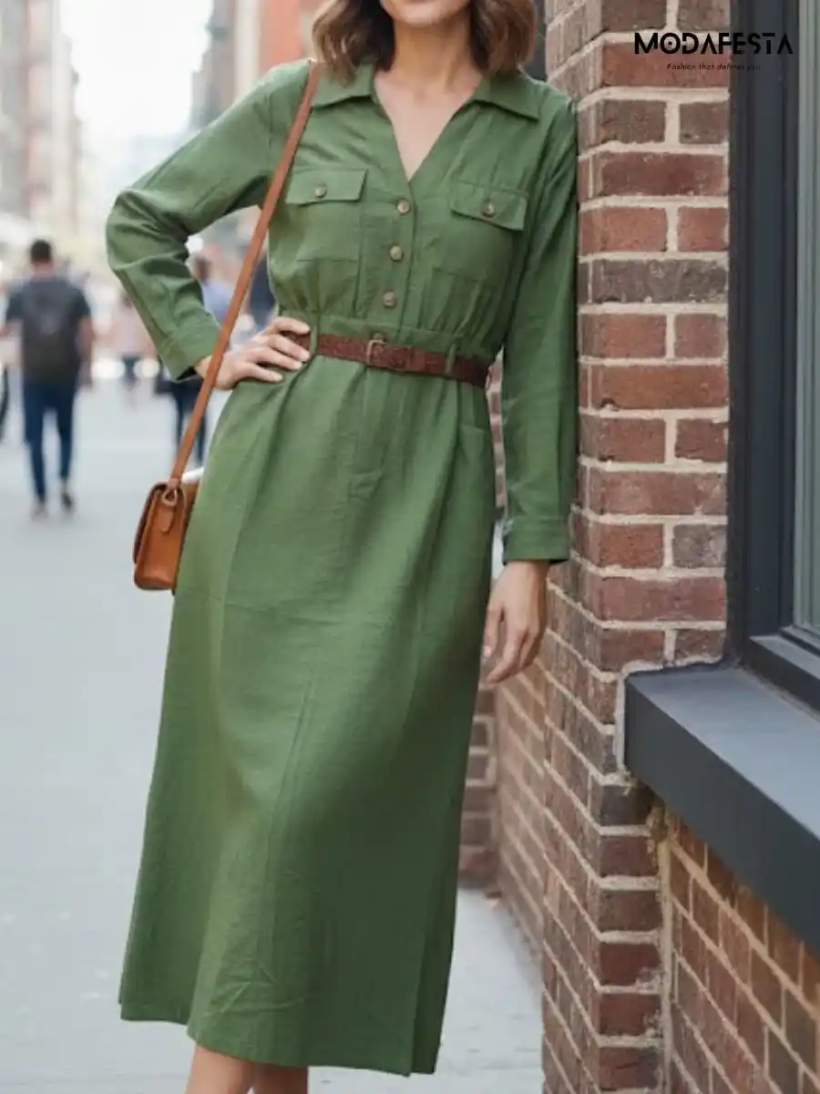 Elegant Linen Cotton Dress With Belt