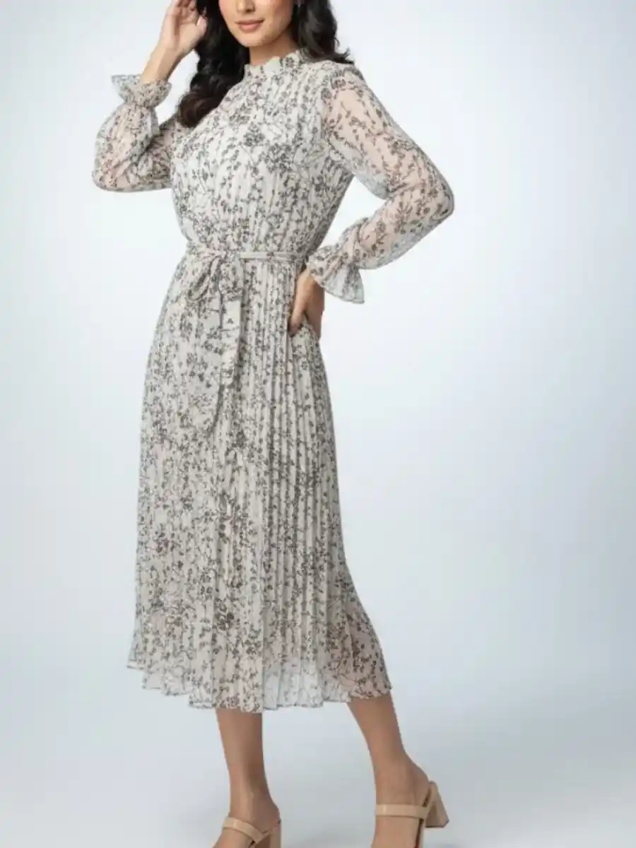 ModaFesta -elegant-frill-floral-print-dress-beige