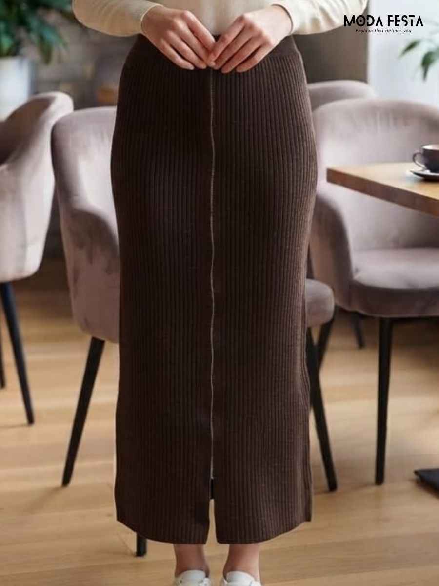 ModaFesta -brown-ribbed-knit-zipper-midi-skirt