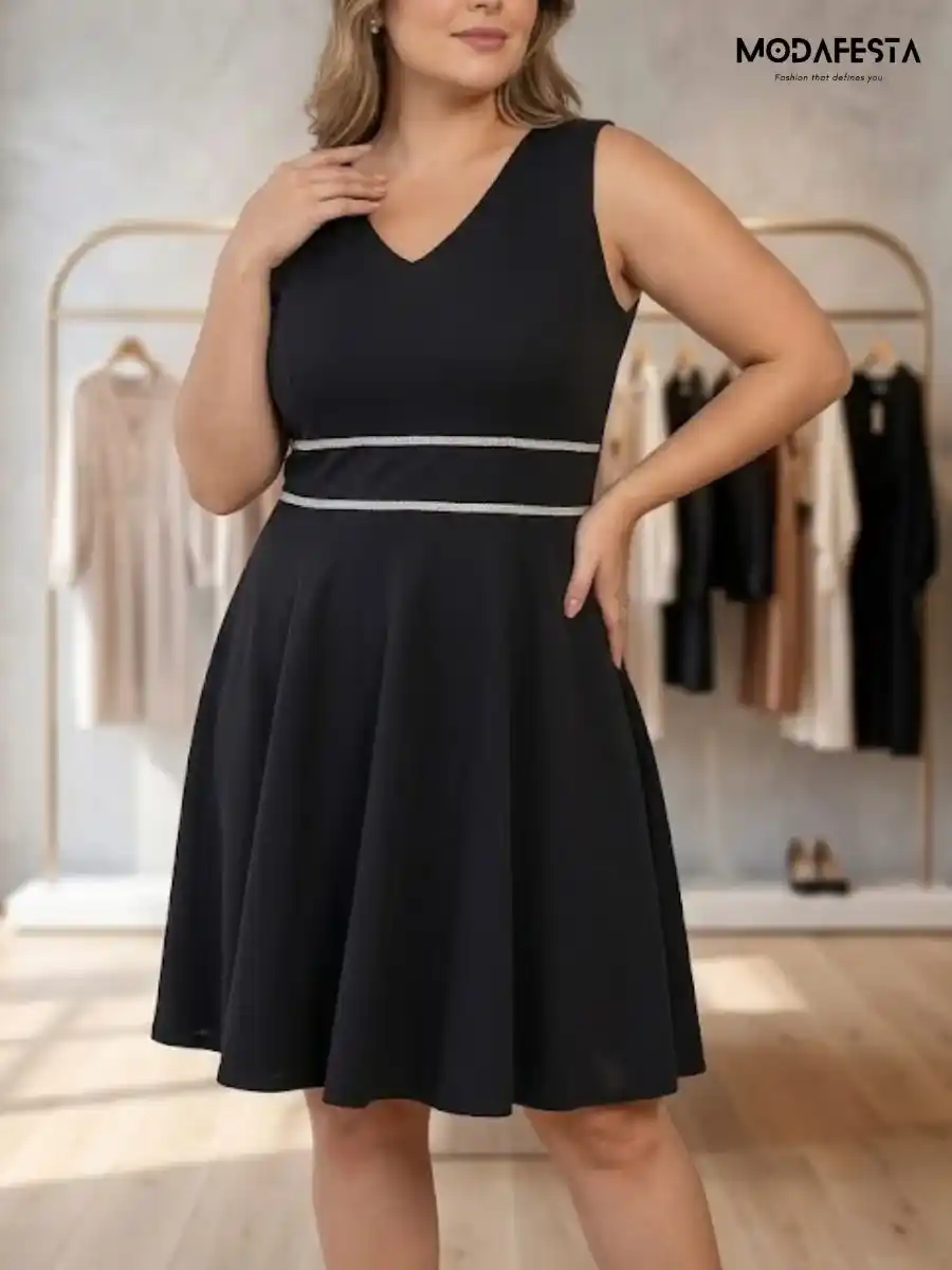 ModaFesta -elegant-embellished-v-neck-fit-and-flair-party-dress-black