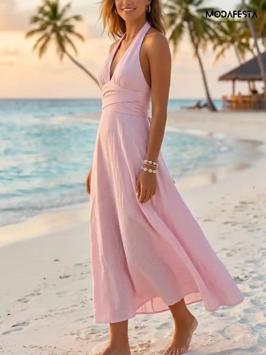 ModaFesta -elegant-cotton-halter-neck-maxi-dress-pink