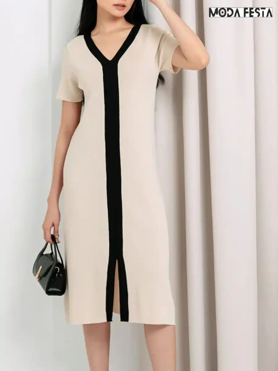 ModaFesta -v-neck-front-slit-two-tone-knit-dress-beige