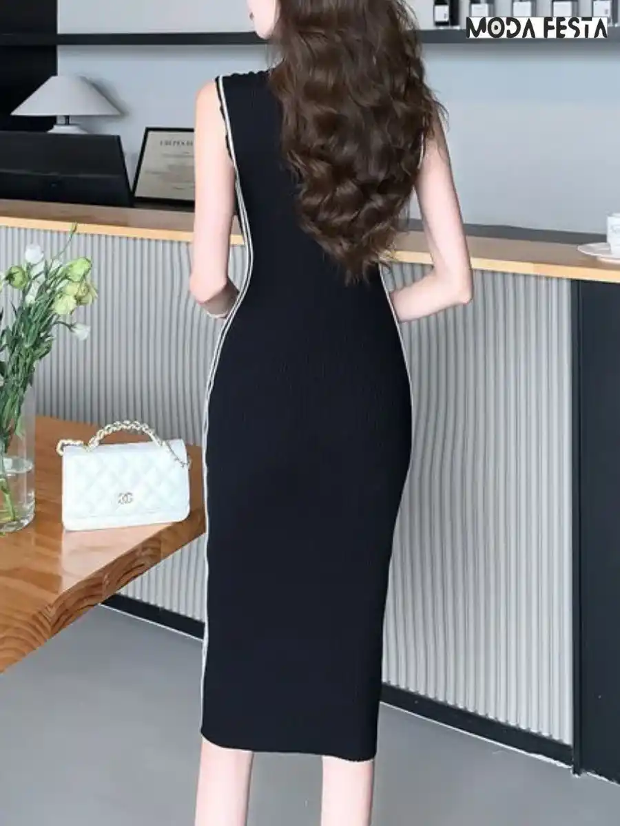 ModaFesta -knit-bodycon-white-strip-dress-black