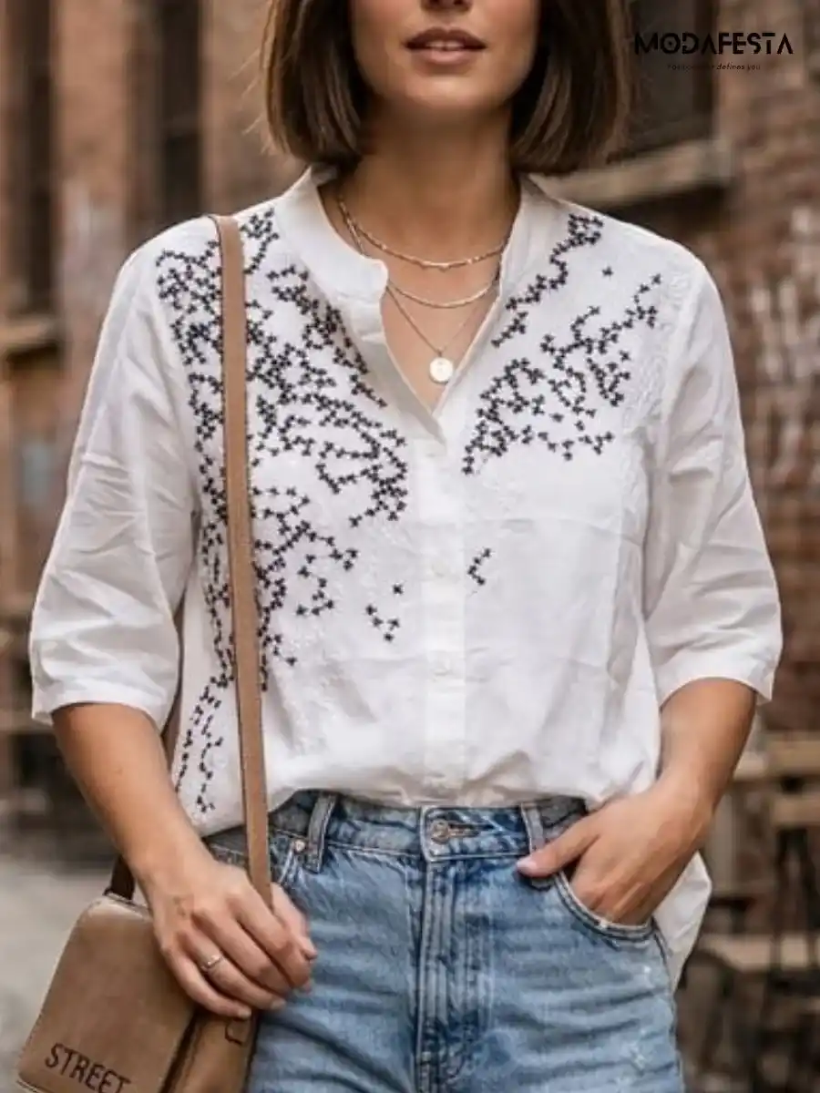 ModaFesta -elegant-style-floral-embroidered-v-neck-shirt-white