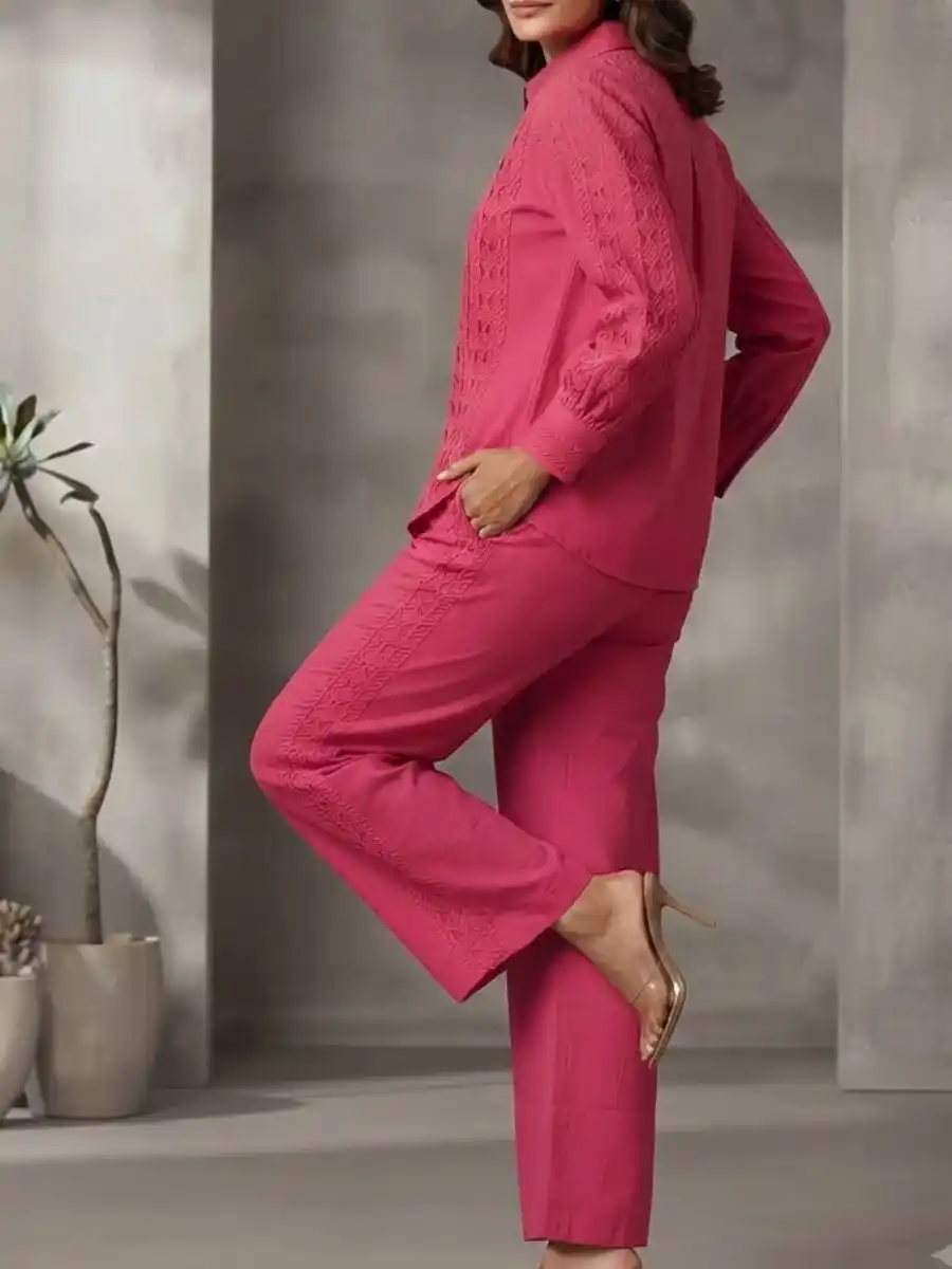 ModaFesta -fuchsia-intricate-cutwork-detailed-shirt-wide-leg-pants-coord-set