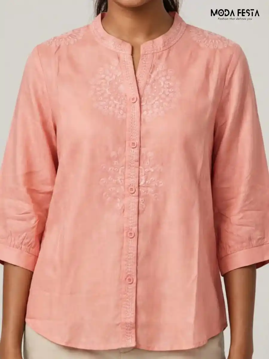 Peach Embroidered Mandarin Collar Button-Down Top