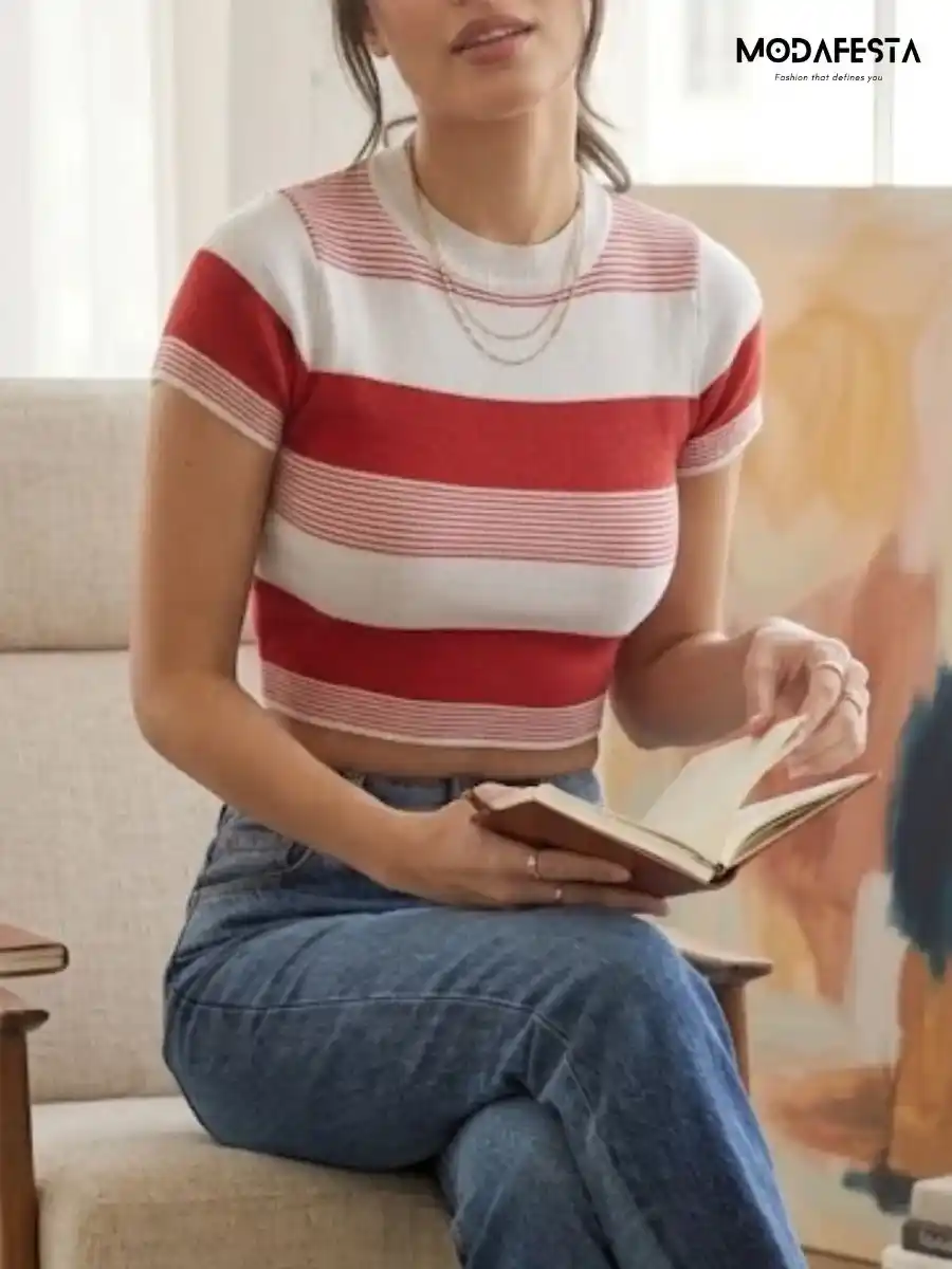ModaFesta -elegant-red-and-white-striped-crop-t-shirt