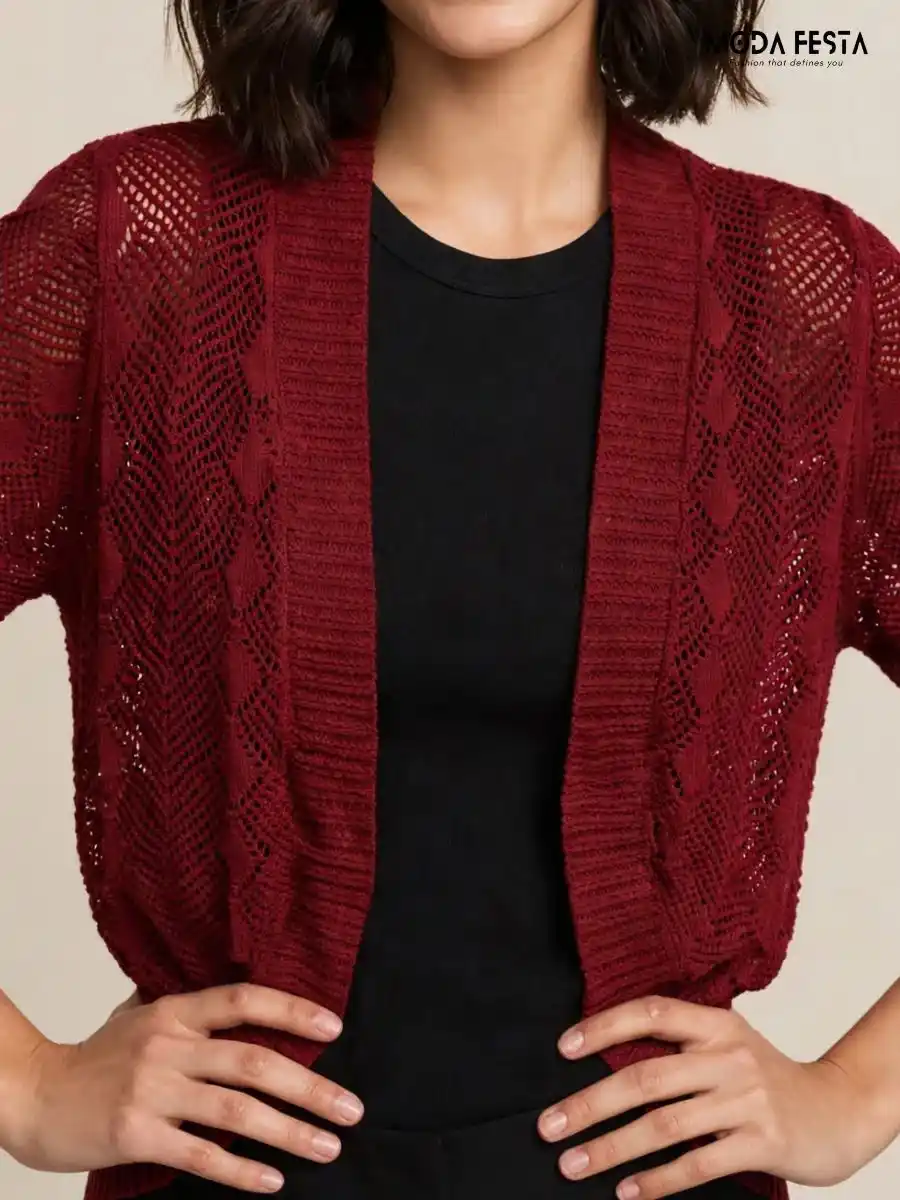 ModaFesta -maroon-open-front-crochet-shrug