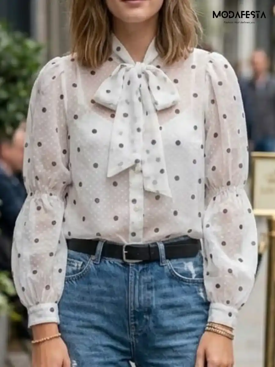ModaFesta -elegant-chiffon-polka-dot-shirt-tie-up-neck-beige
