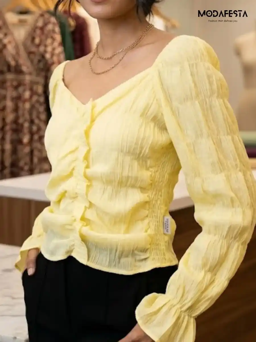 ModaFesta -elegant-smocked-peplum-off-shoulder-top-yellow