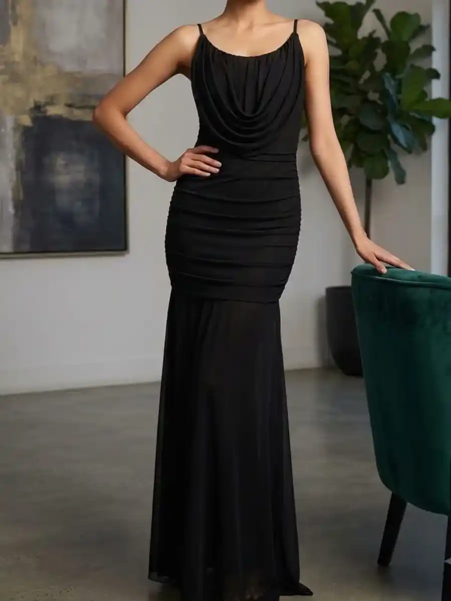 ModaFesta -elegance-black-cowl-neck-ruched-maxi-dress
