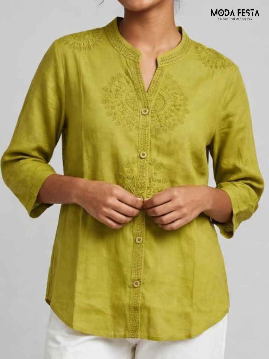 ModaFesta -olive-green-embroidered-mandarin-collar-button-down-top
