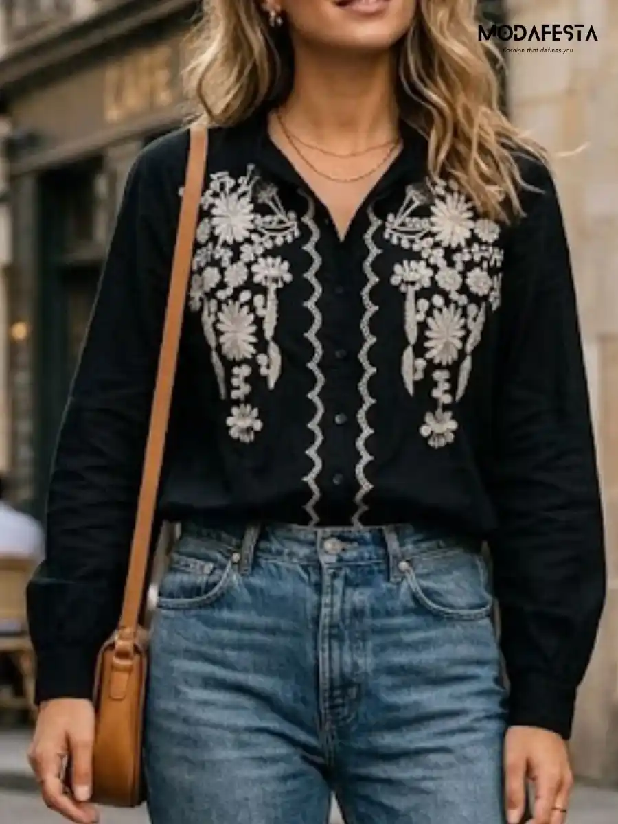 ModaFesta -elegant-floral-embroidered-design-shirt-black