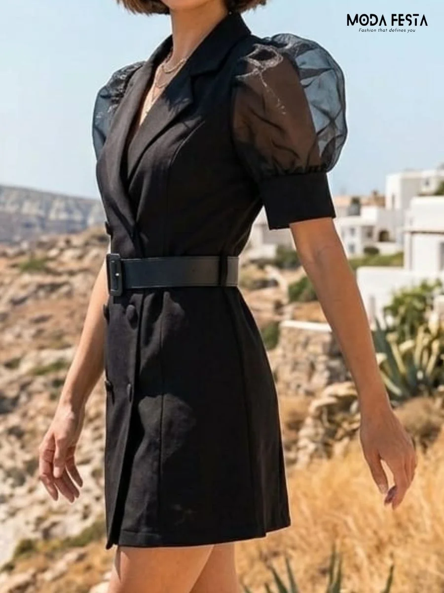 ModaFesta -black-double-breasted-blazer-dress-with-sheer-puff-sleeves