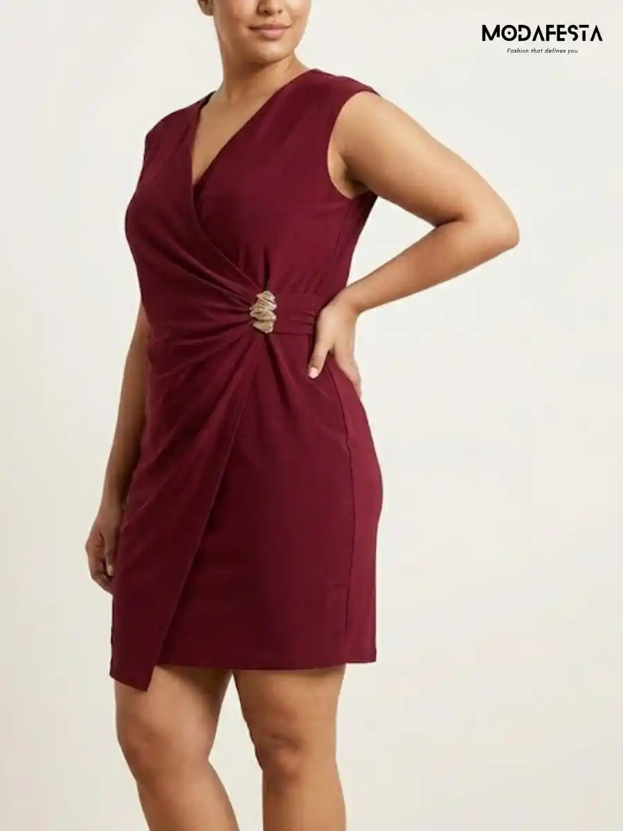 ModaFesta -elegant-sleeveless-wrap-front-ruched-dress-maroon