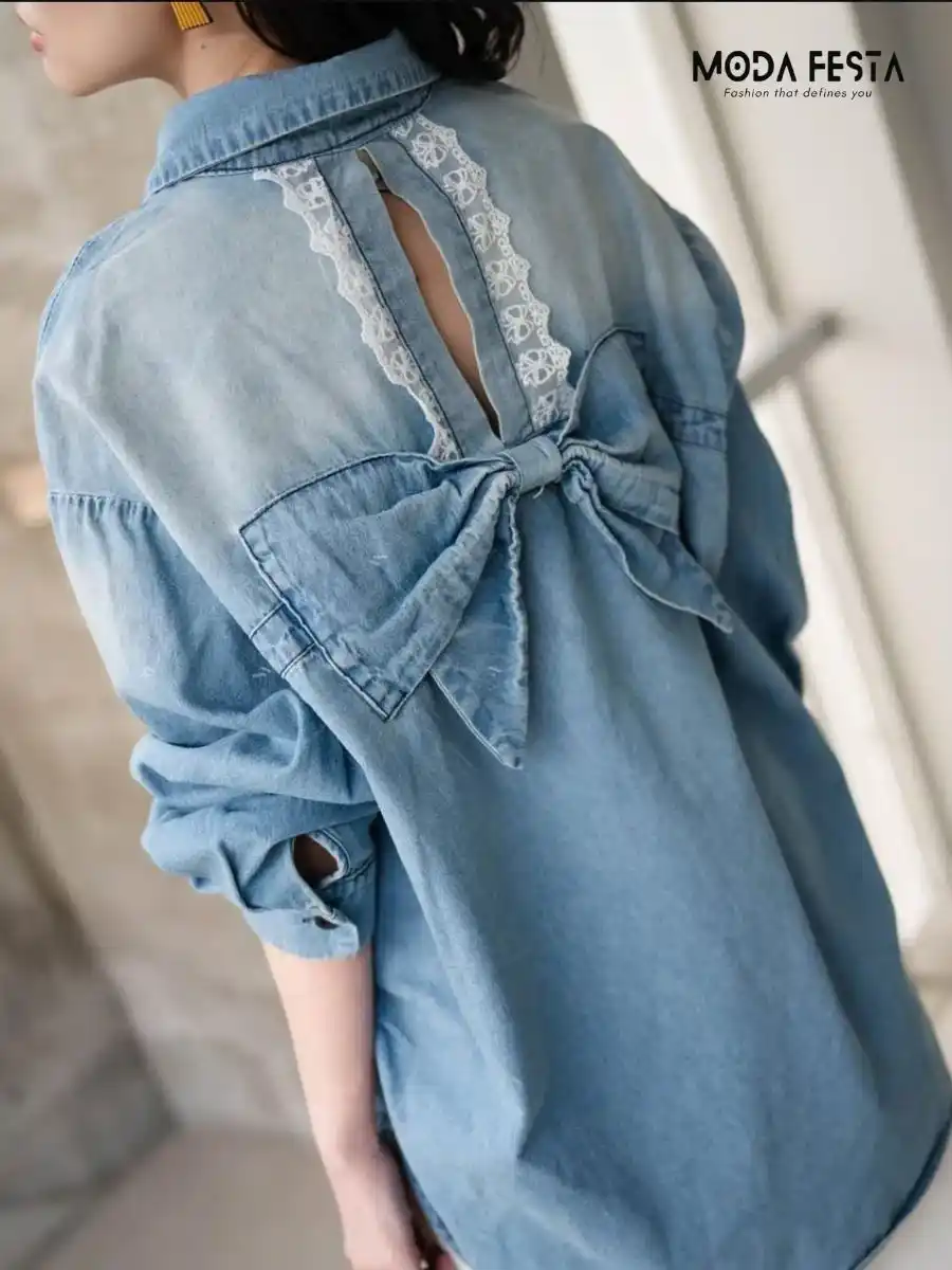 Elegant Back Bow Style Denim Shirt