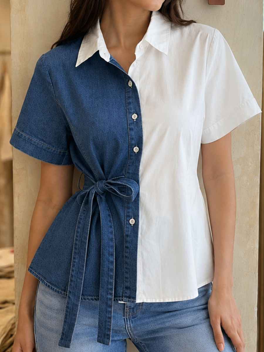 ModaFesta -dual-tone-denim-cotton-tie-waist-shirt