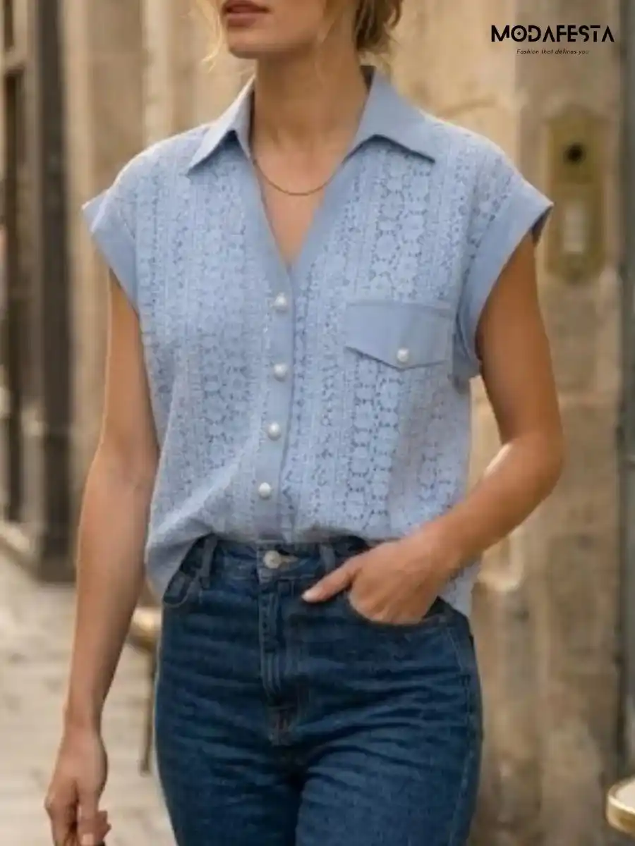 ModaFesta -elegant-floral-lace-shirt-sky-blue