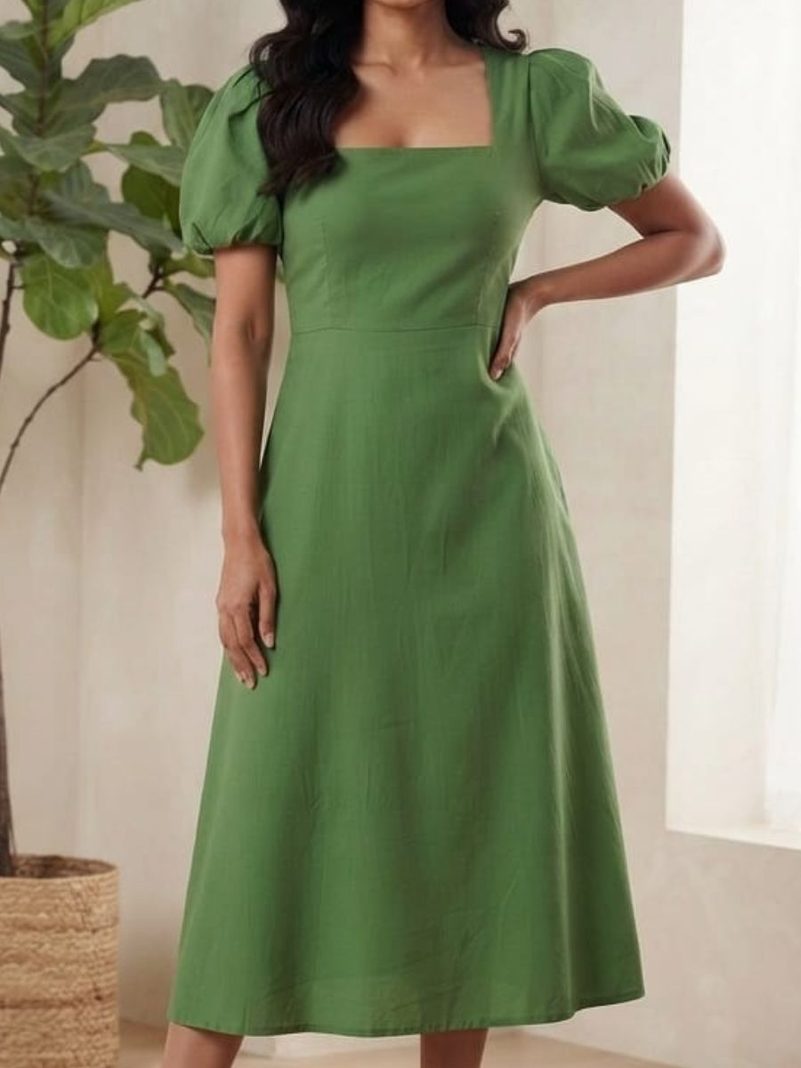 ModaFesta -green-square-neck-puff-sleeve-midi-dress