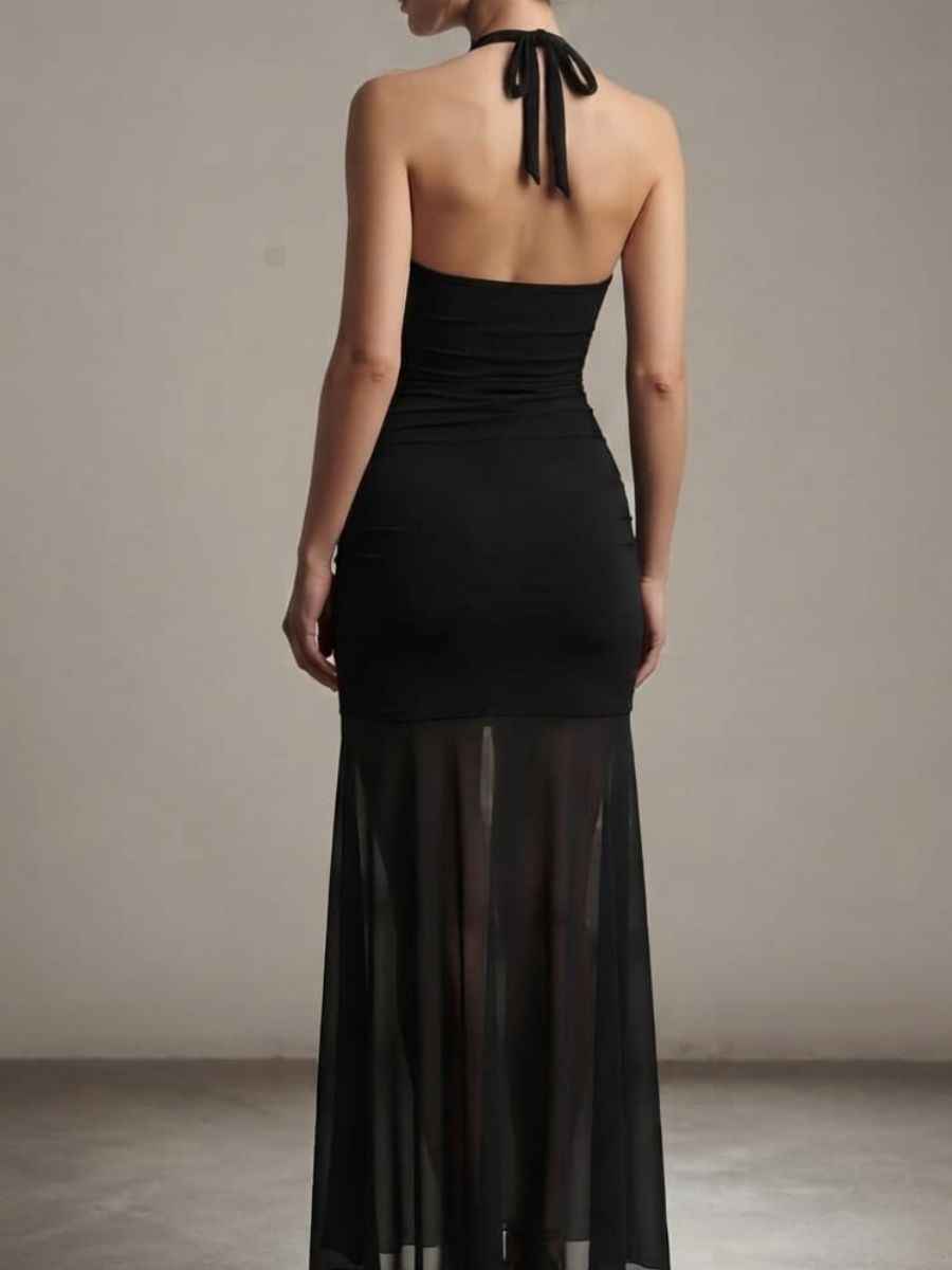 ModaFesta -elegant-black-halter-neck-rhinestone-ruched-maxi-dress