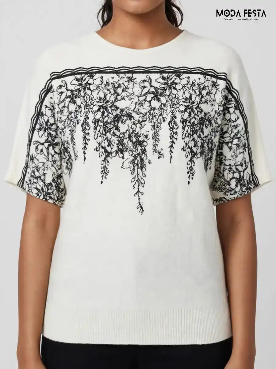 White Floral Printed Knit Top