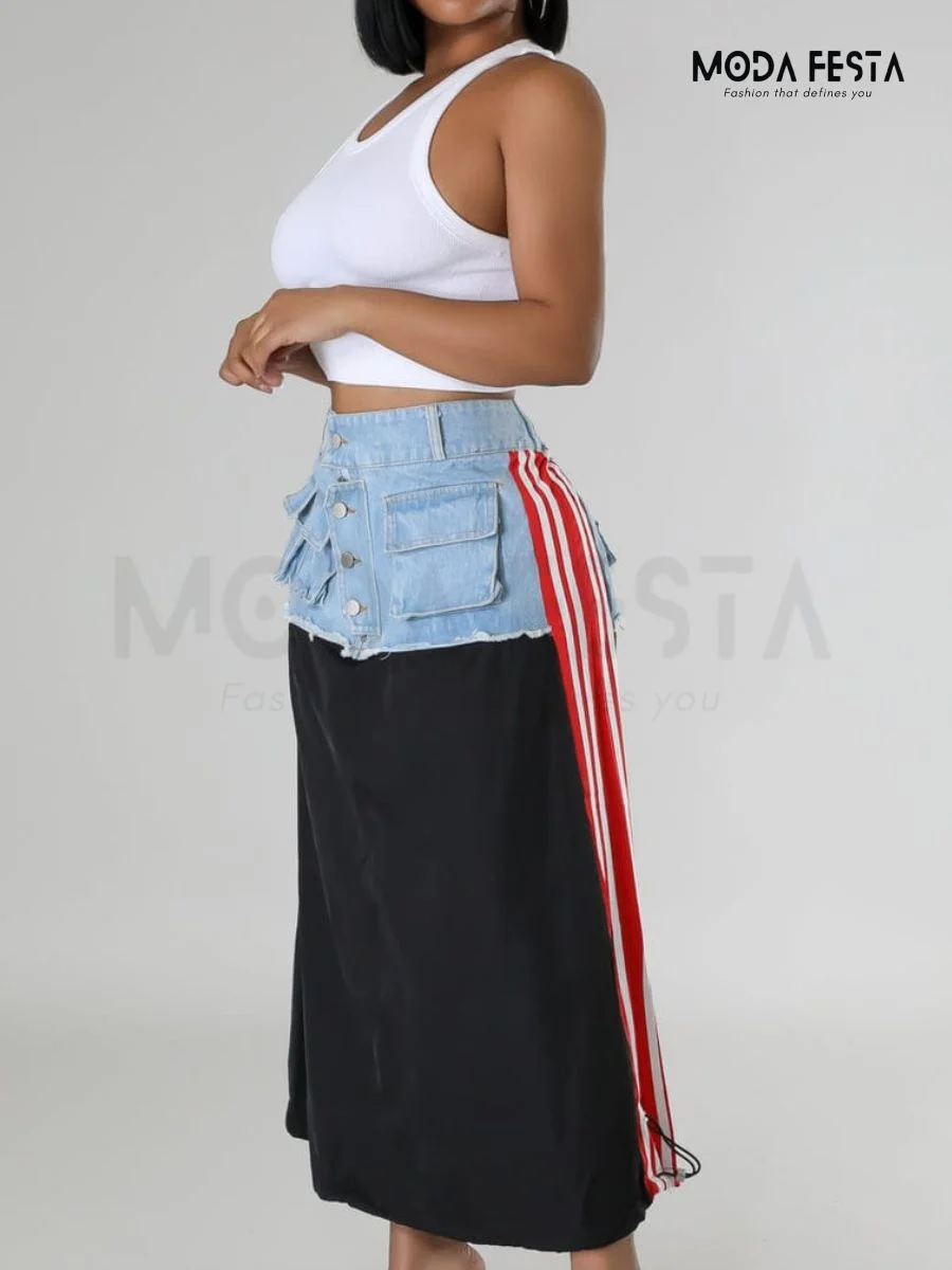 ModaFesta -denim-two-side-strip-skirt-blue