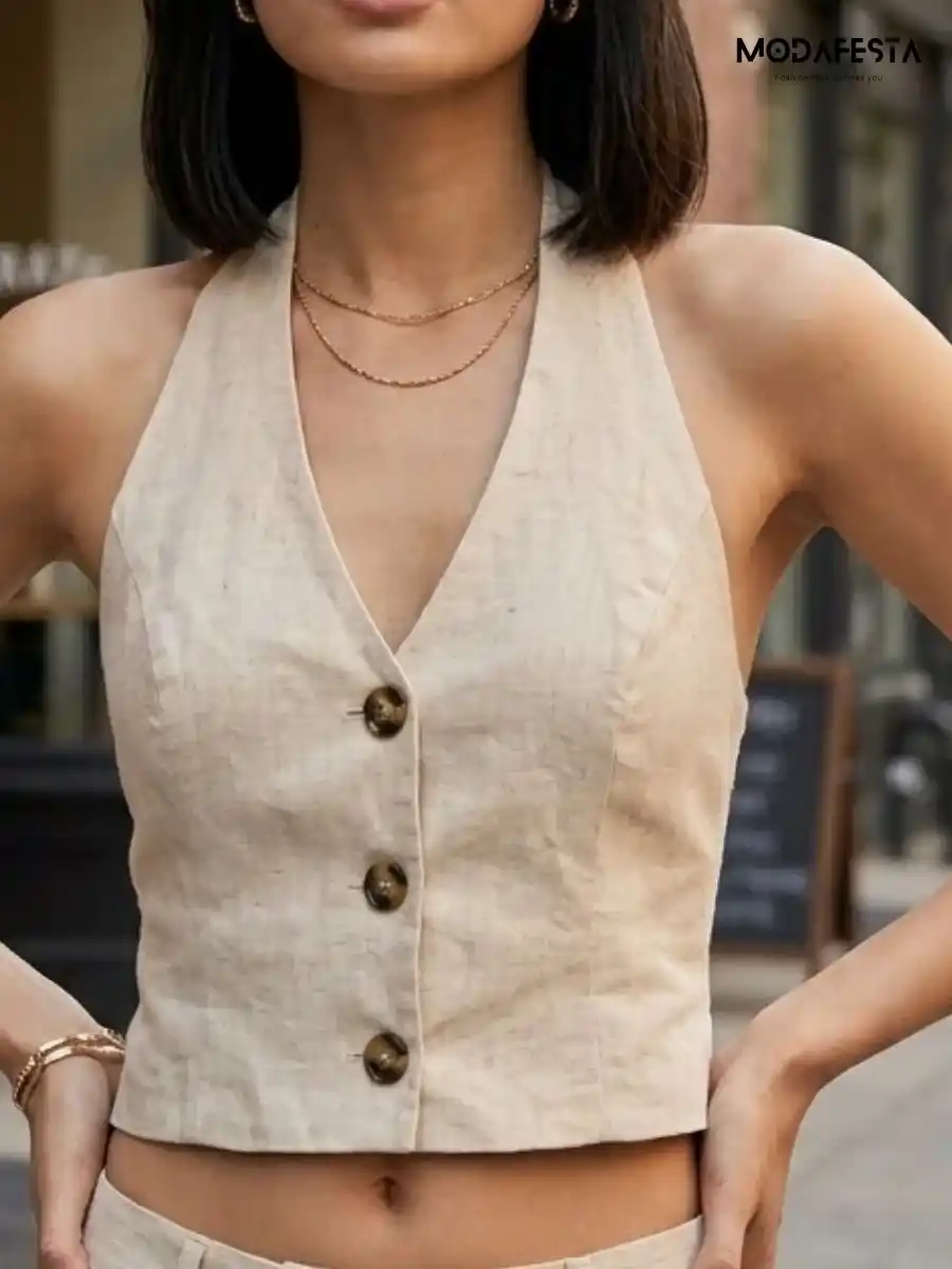 ModaFesta -elegant-casual-halter-neck-top-beige