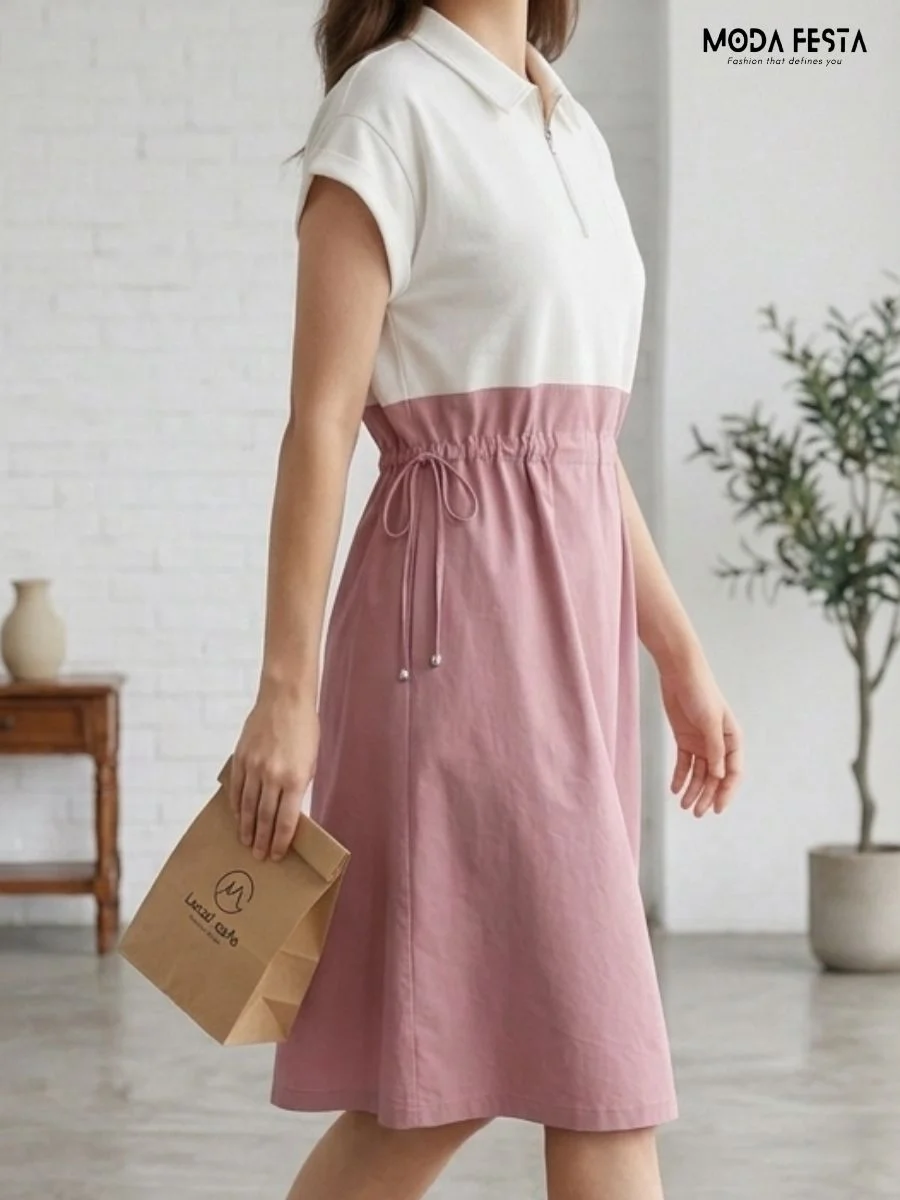 ModaFesta -polo-collar-shirt-dress-or-casual-drawstring-midi-mini-dress