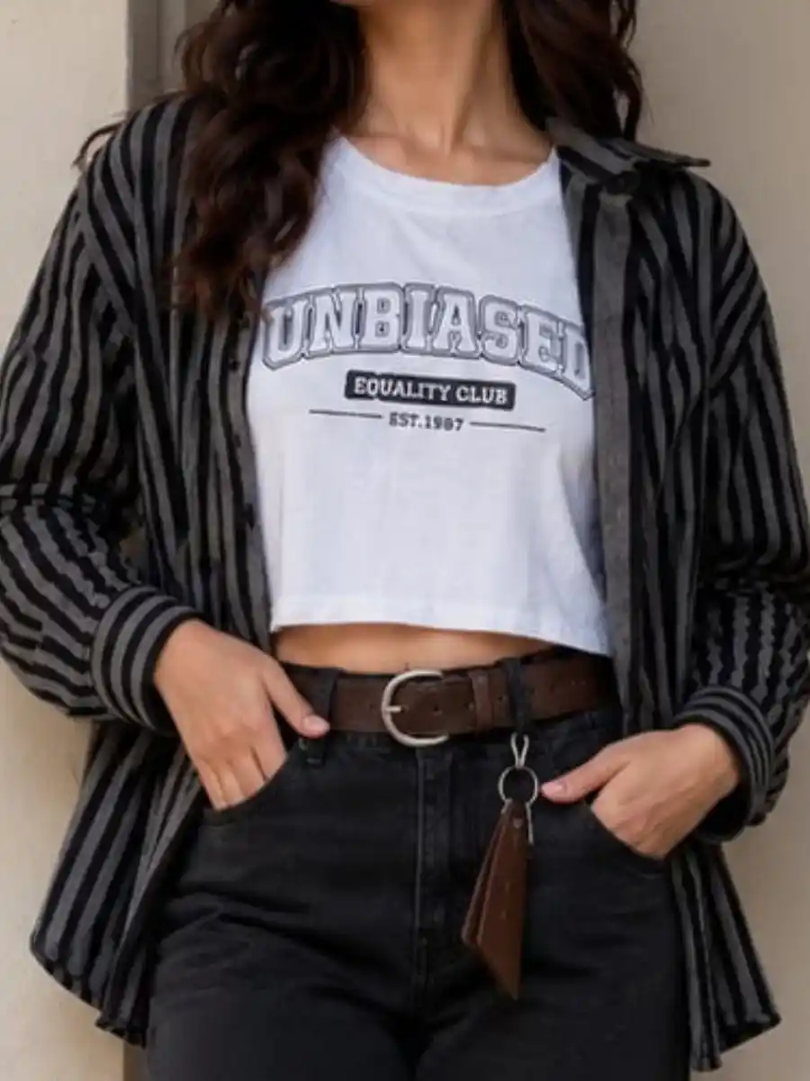 Unbiased Equality Club Graphic Crop Top with Striped Oversized Shirt Layer