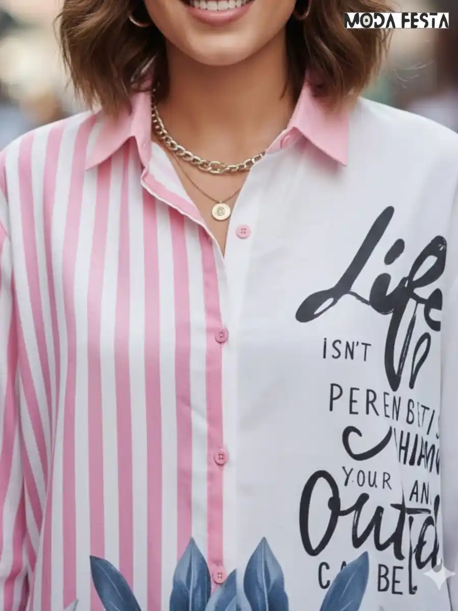 ModaFesta -elegant-floral-striped-long-shirt-pink