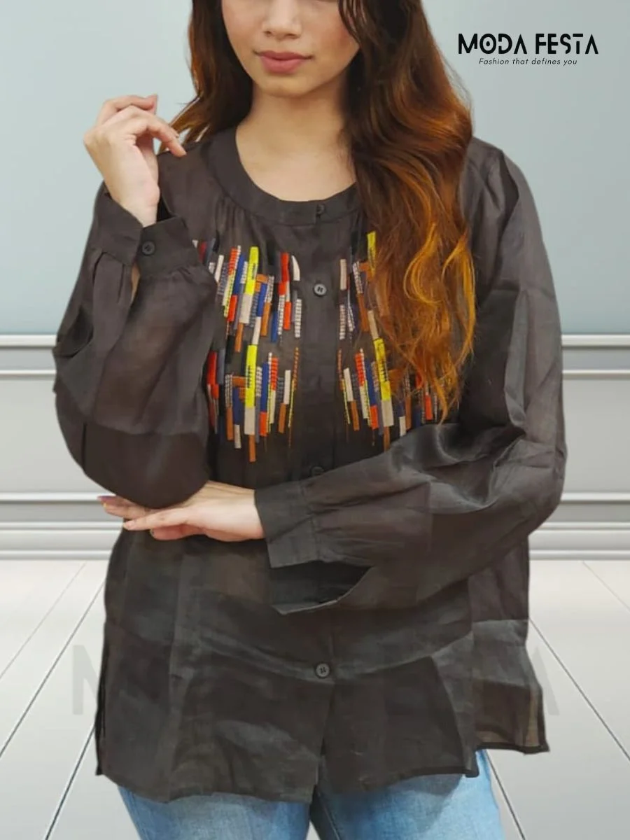 ModaFesta -embroidered-linen-top-grey-mid-lenght