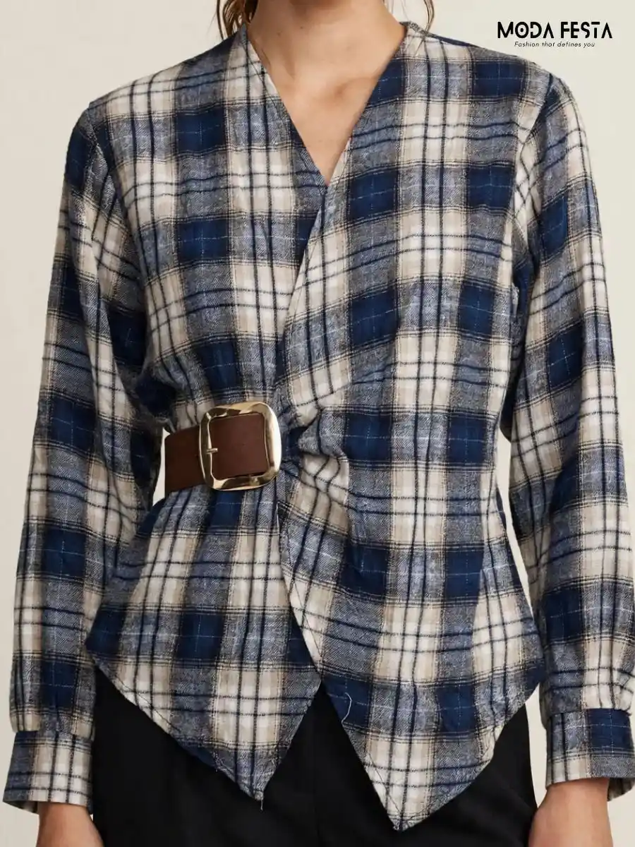 Belted Checked Wrap Top