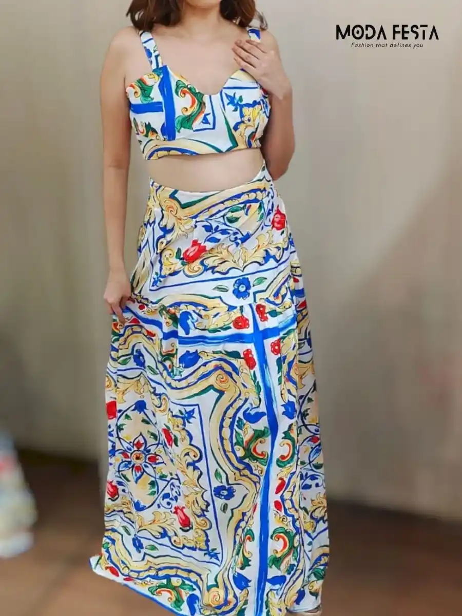 ModaFesta -floral-v-neck-top-with-skirt-coord-set-orange