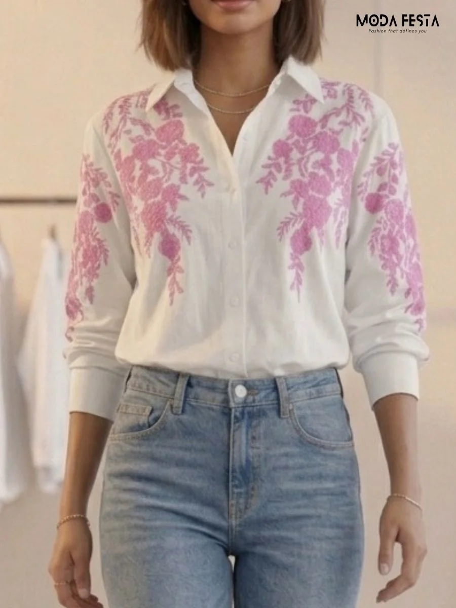 Pink Floral Embroidered Shirt