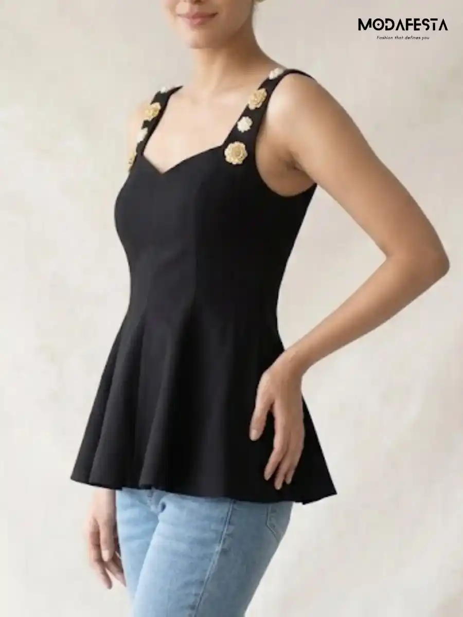 ModaFesta -elegant-a-line-party-top-with-sleeve-broach-black