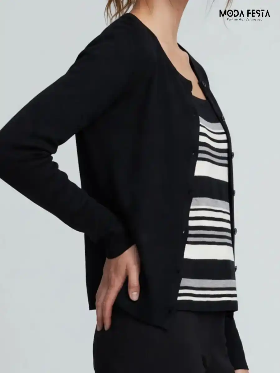 ModaFesta -black-cardigan-monochrome-striped-inner-top-coord-set