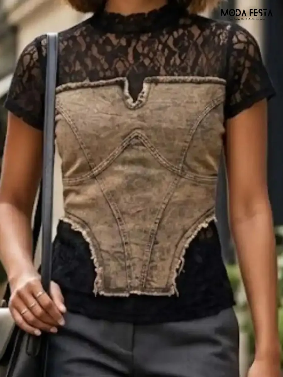 Elegant Denim Corset Lace High Neck Top