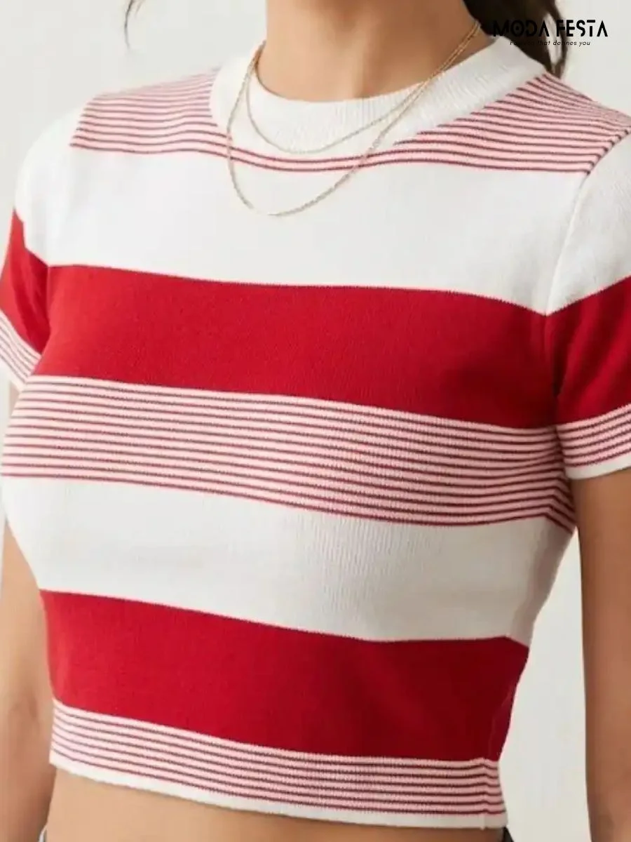 Elegant Red And White Striped Crop T Shirt