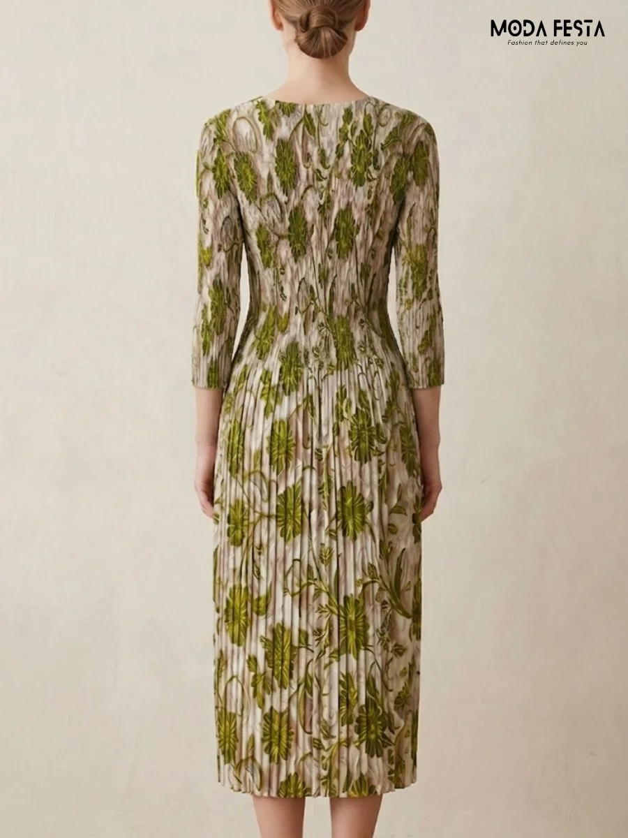 ModaFesta -green-floral-print-pleated-midi-dress